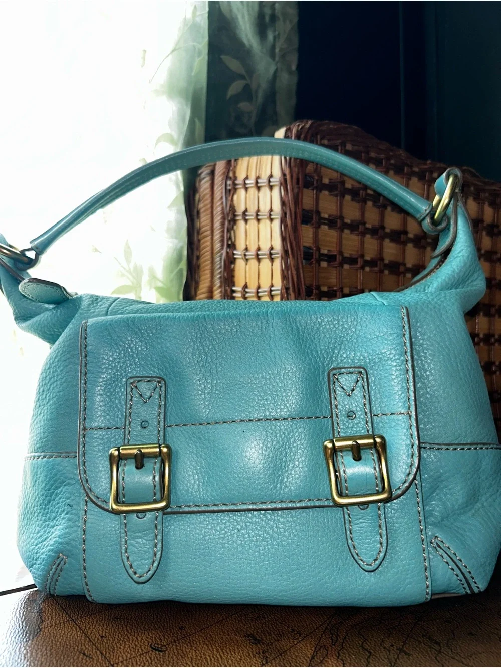 Vintage Fossil Teal Blue Pebbled Leather Shoulder Hobo Bag